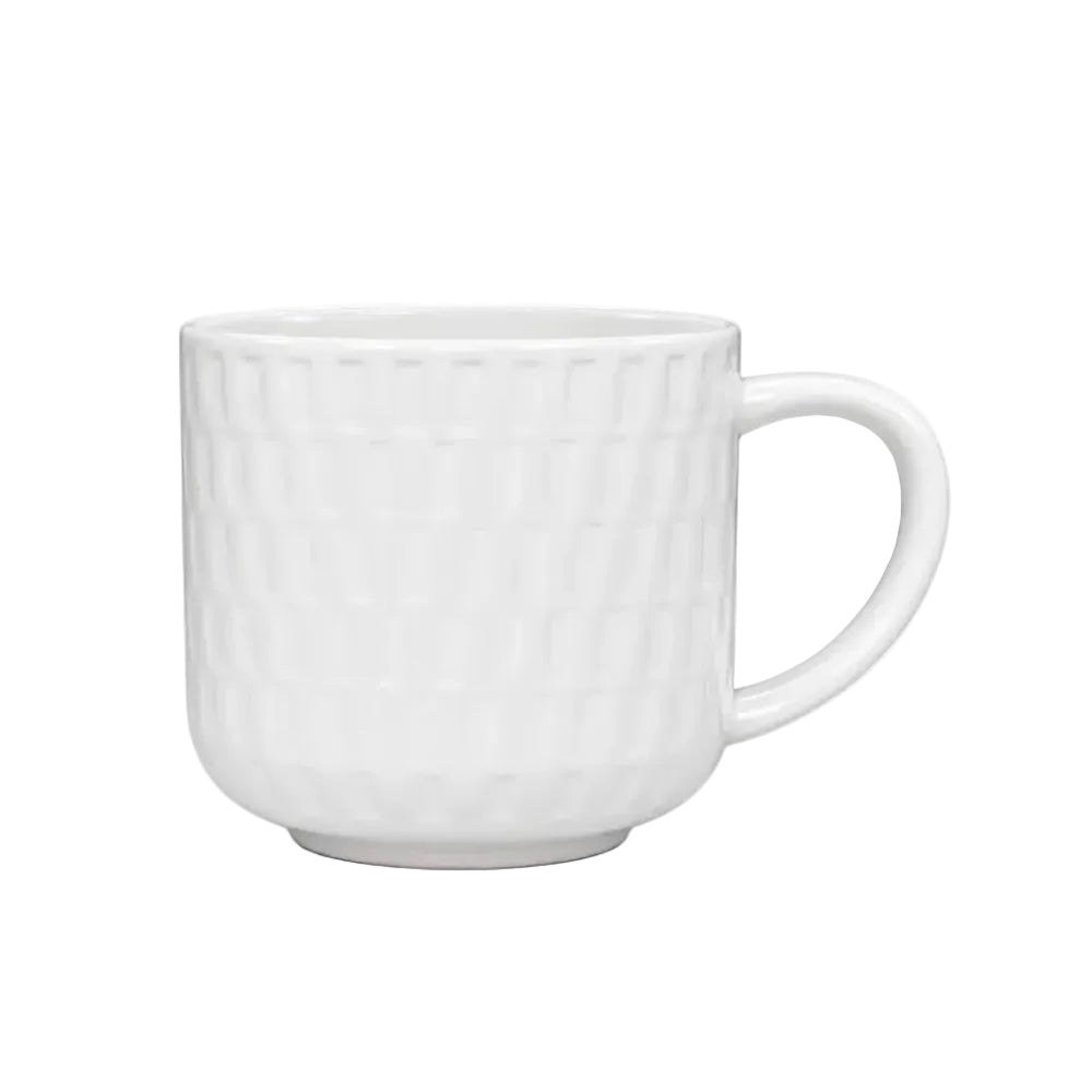 Textured white porcelain mug on a white background