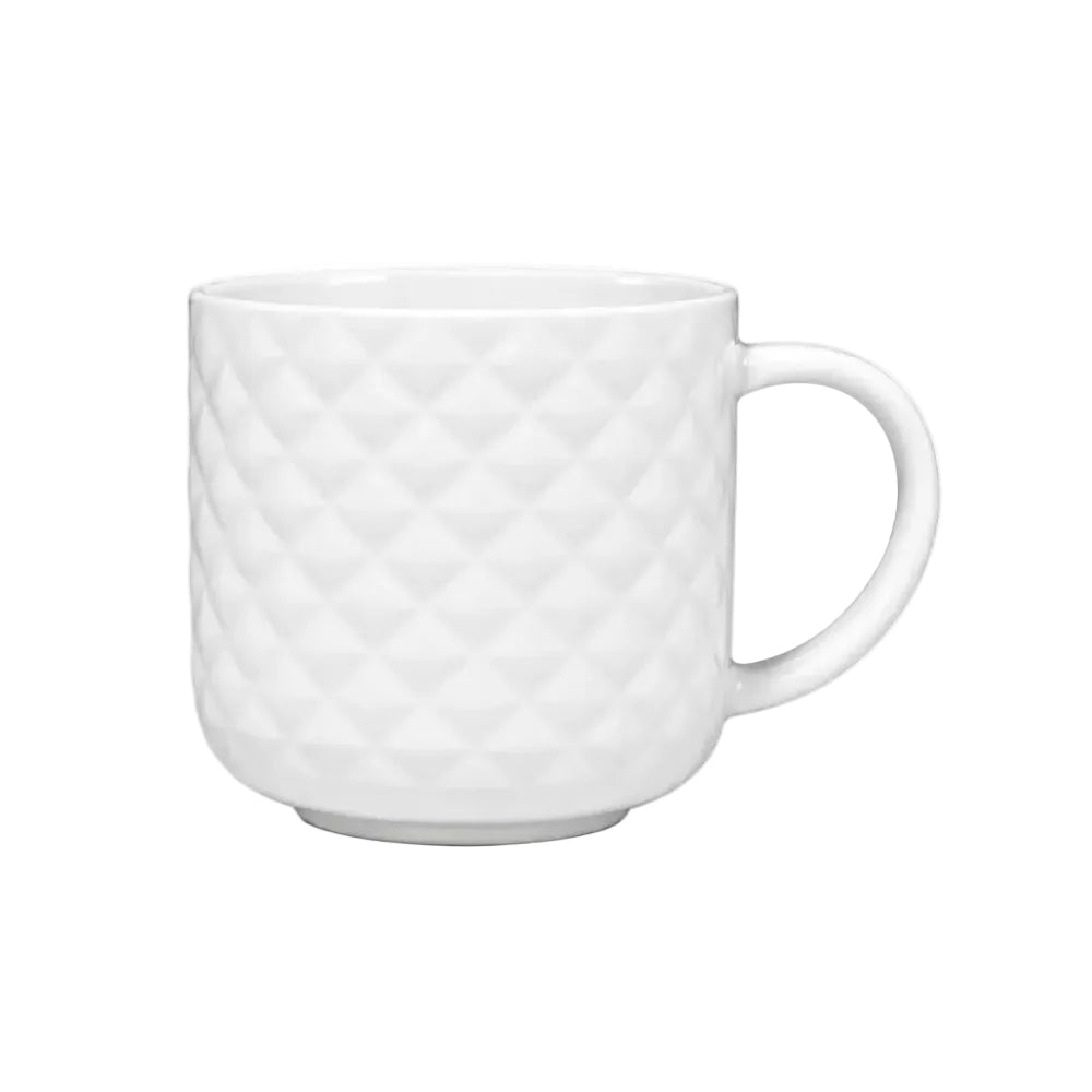 Textured white porcelain mug on a white background