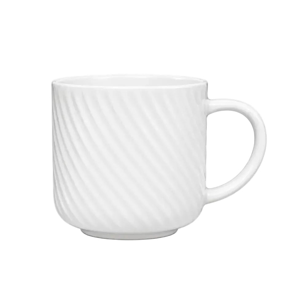 Textured white porcelain mug on a white background