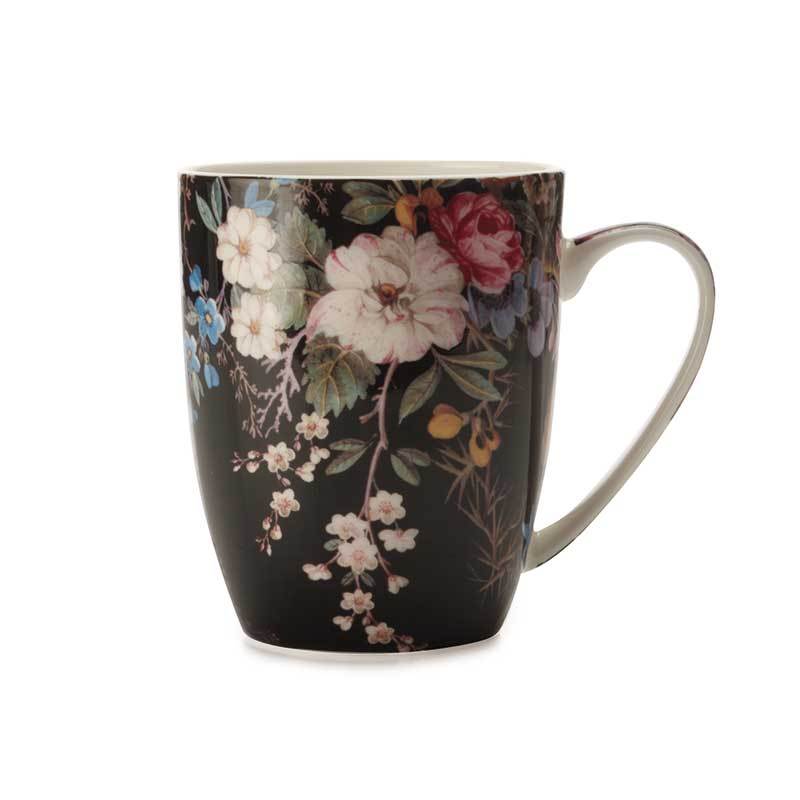 Floral mug with a black background on a white background