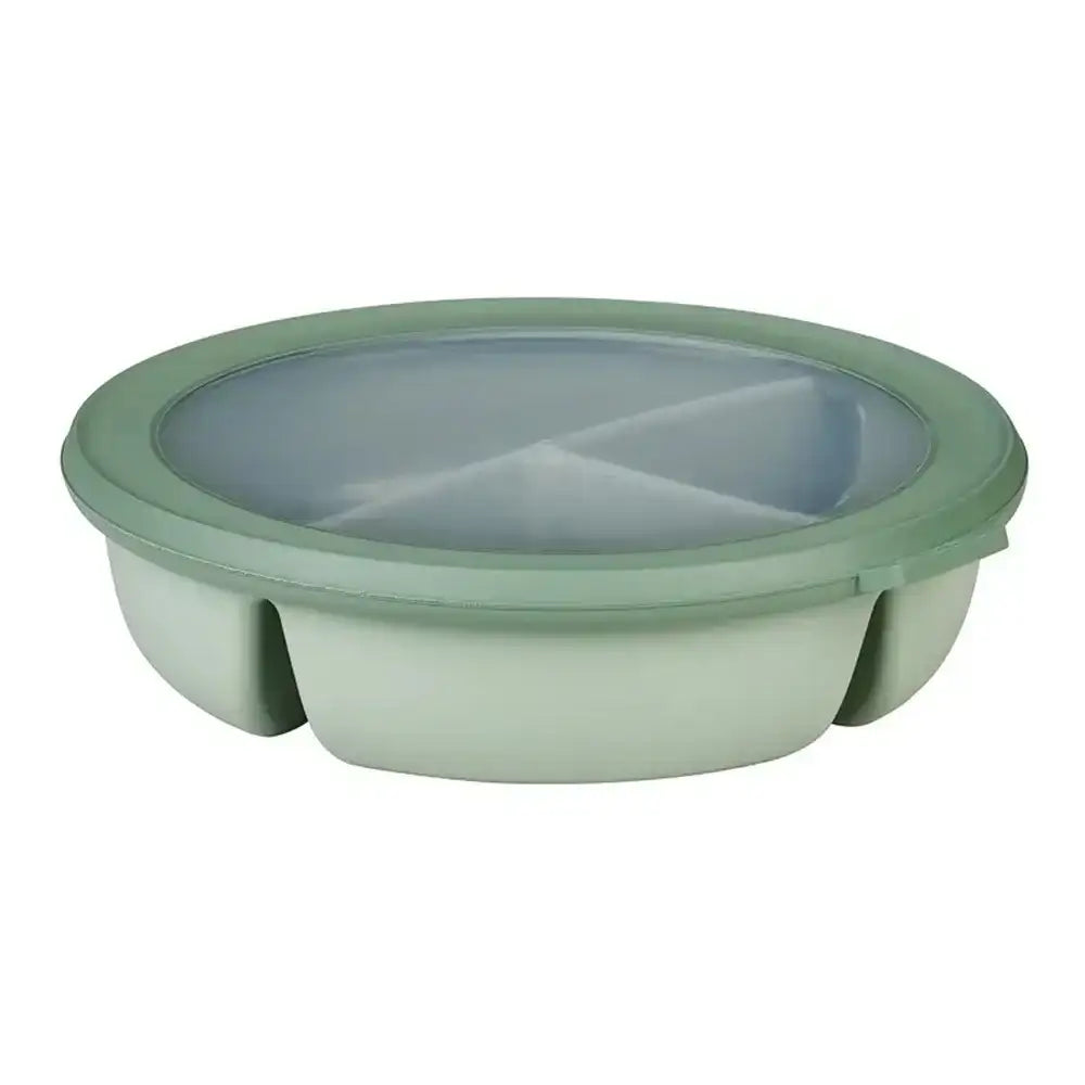 Green bento bowl with a transparent lid on a white background