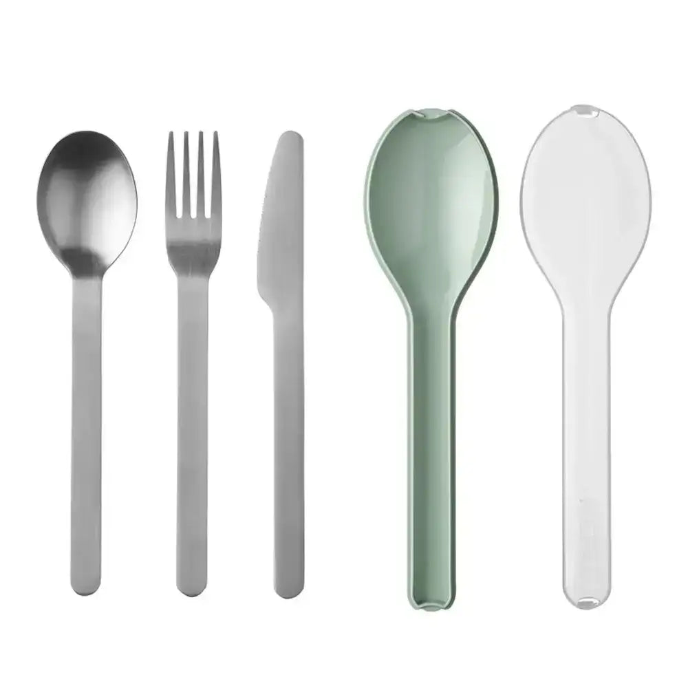 Set of silverware including a spoon, fork, knife, and two spoons in different colors on a white background.