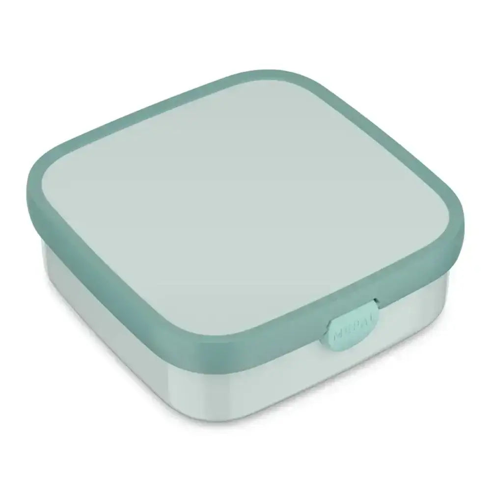 mint and white lunch box with a lid on a white background