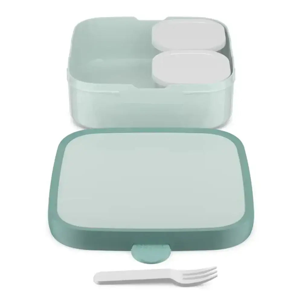 Mint green bento box with a fork on a white background