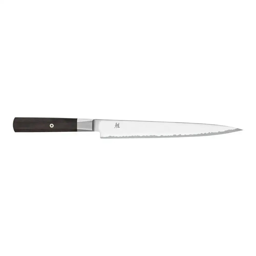Chef's knife with a black handle on a white background