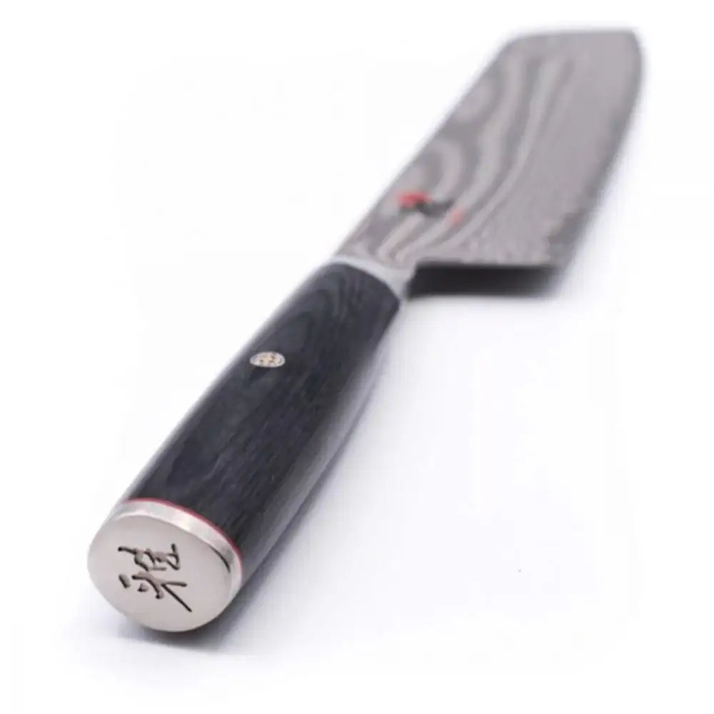 Japanese knife with a black handle and silver blade on a white background