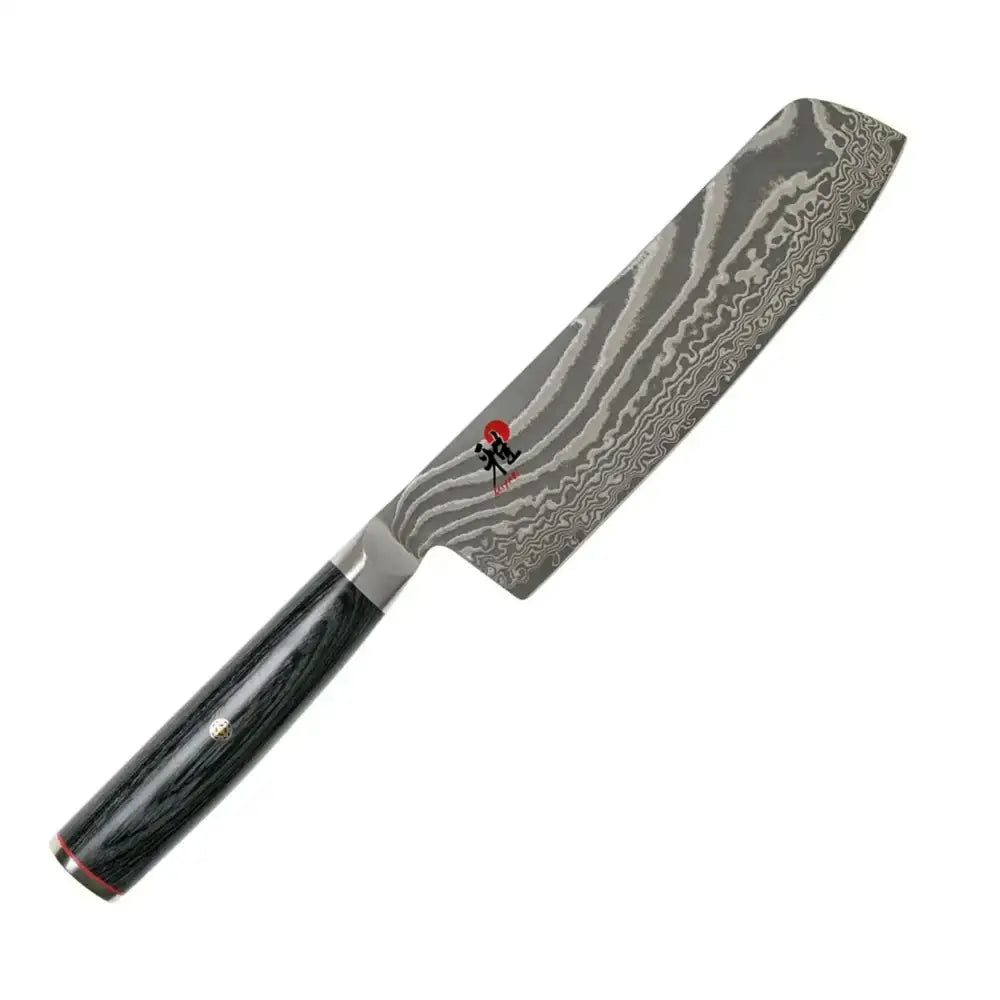  Damascus steel kitchen knife with a black handle on a white background