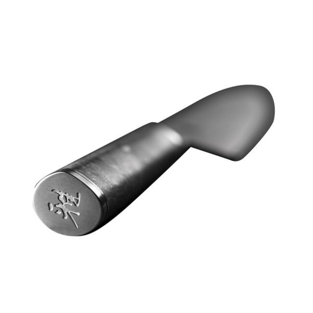 Metallic tool with a cylindrical handle and rounded end on a white background