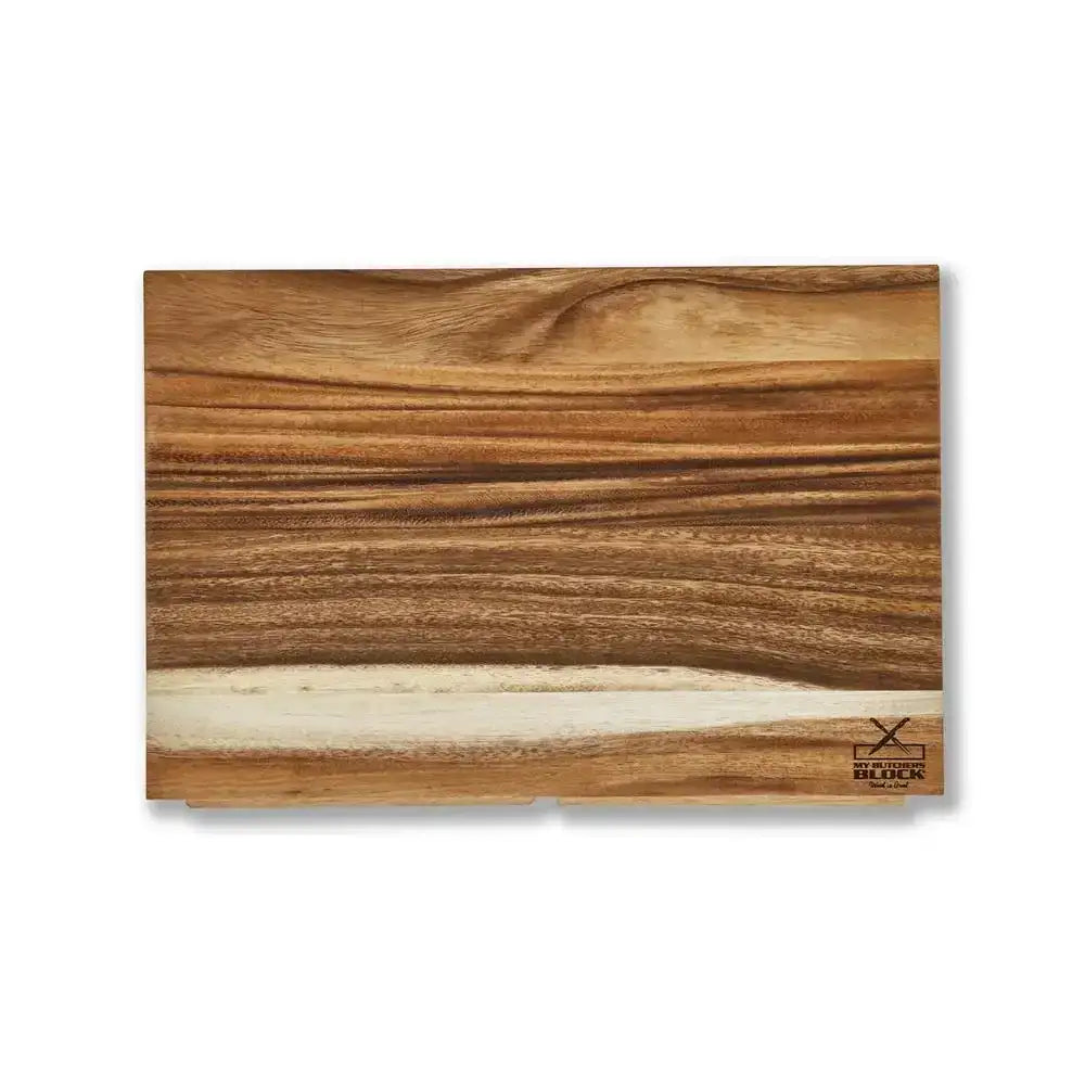 Wooden cutting board with a visible brand logo on a white background