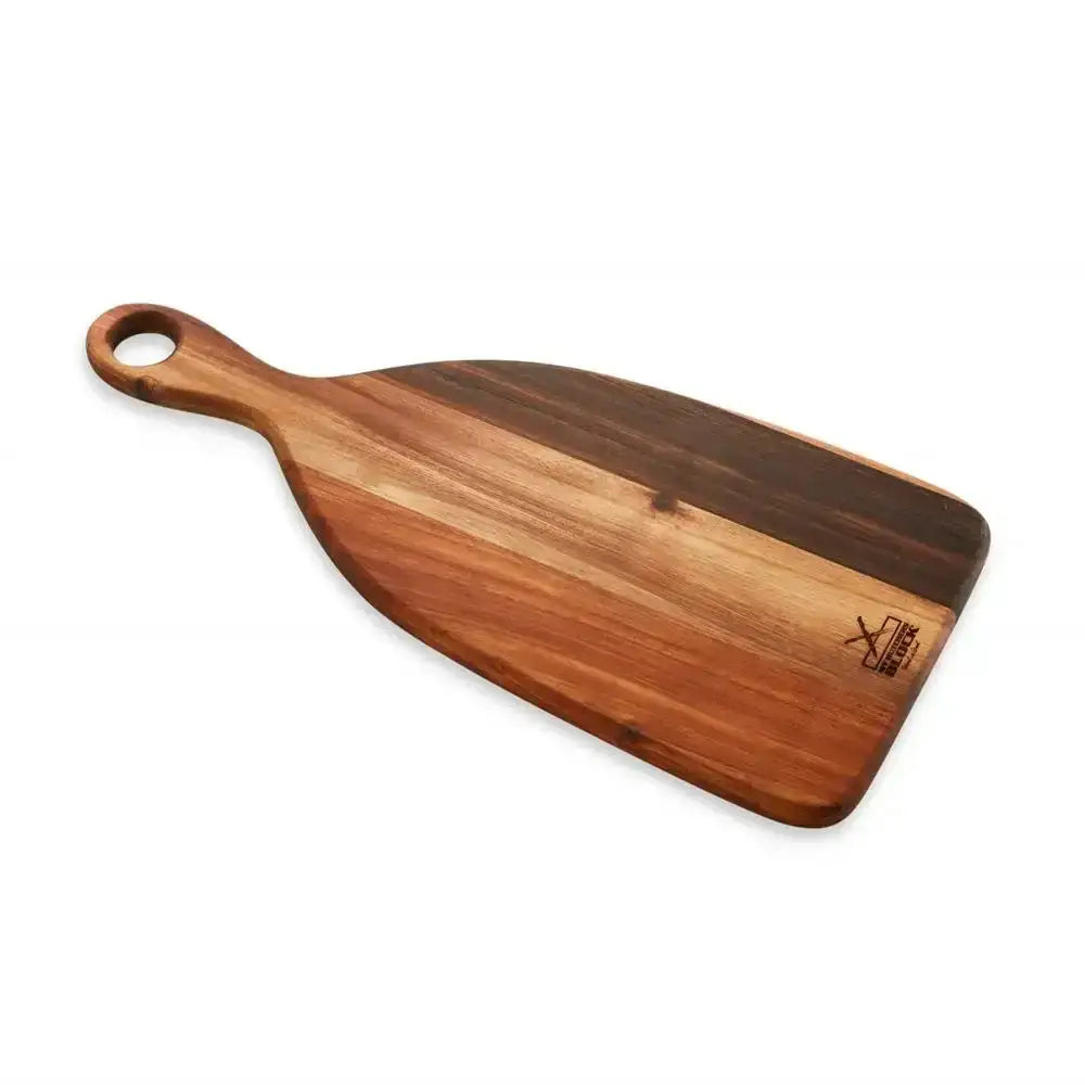 Wooden cutting board with handle on a white background