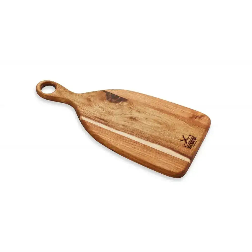 Wooden cutting board with handle on a white background