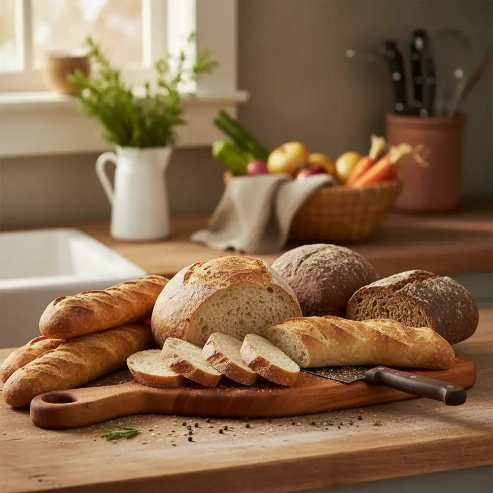 Assorted bread loaves on a wooden cutting board in a kitchen setting.