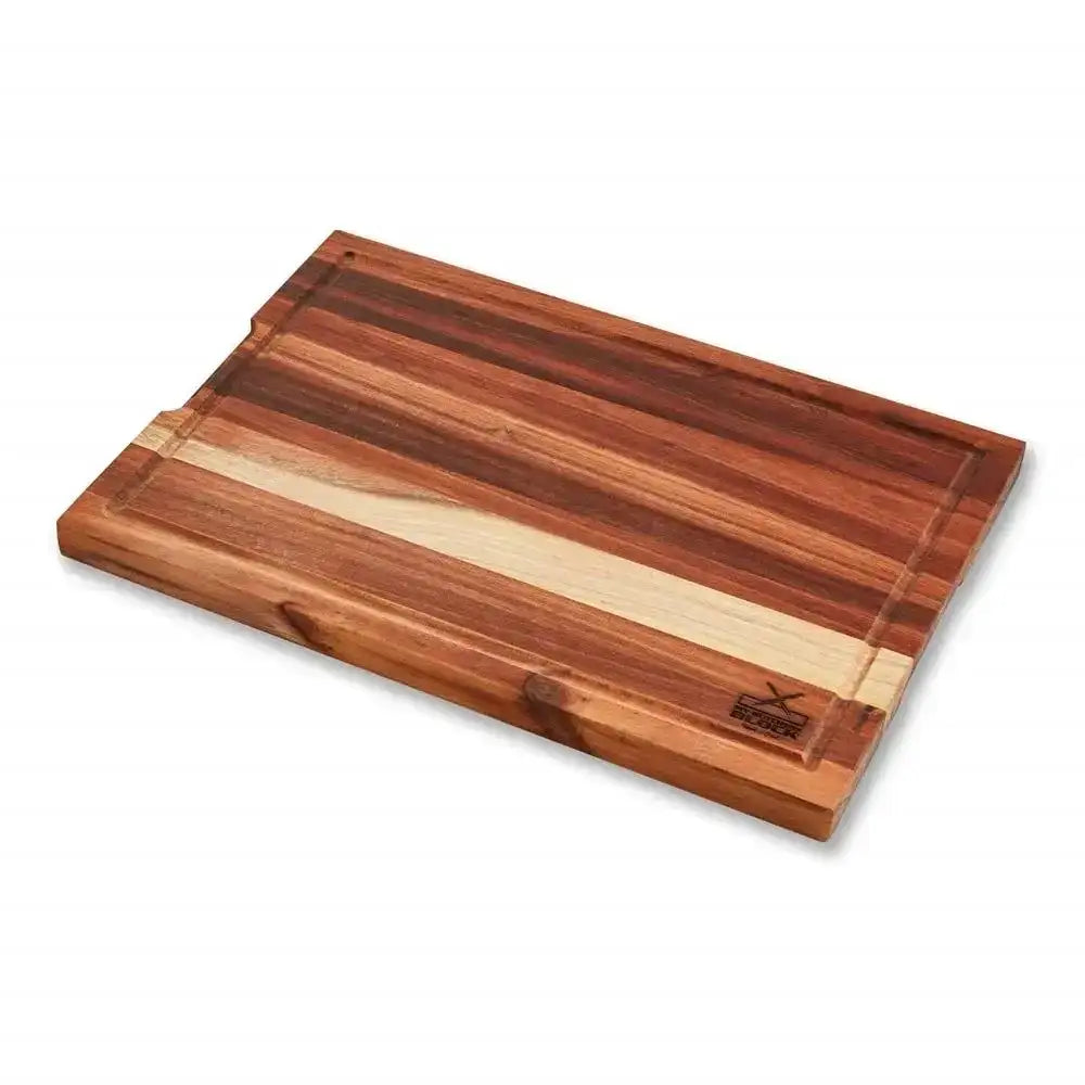 Wooden cutting board with a striped pattern on a white background