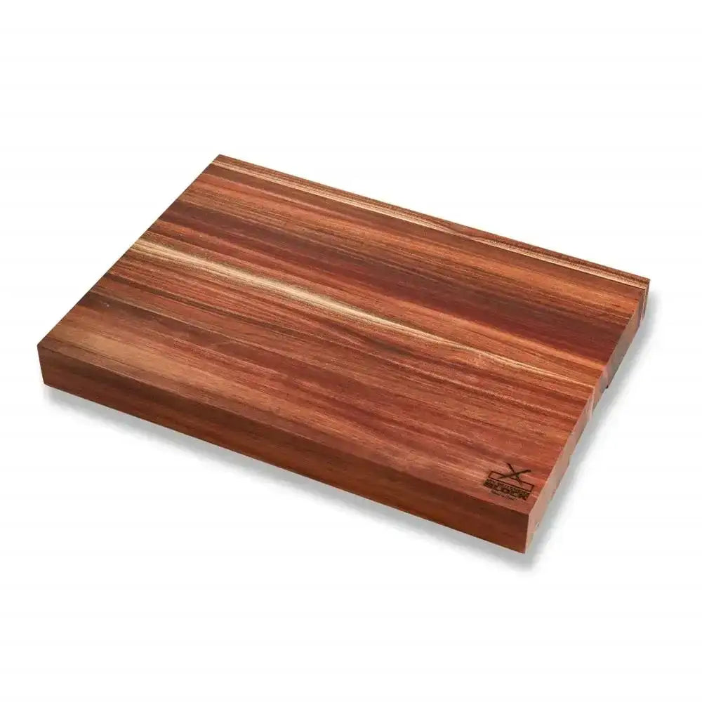 Wooden cutting board with a visible brand logo on a white background