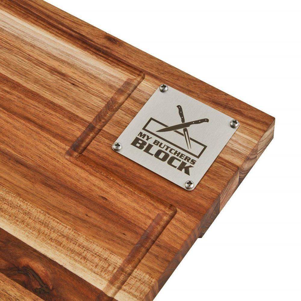 Wooden cutting board with 'My Butchers Block' logo on a white background