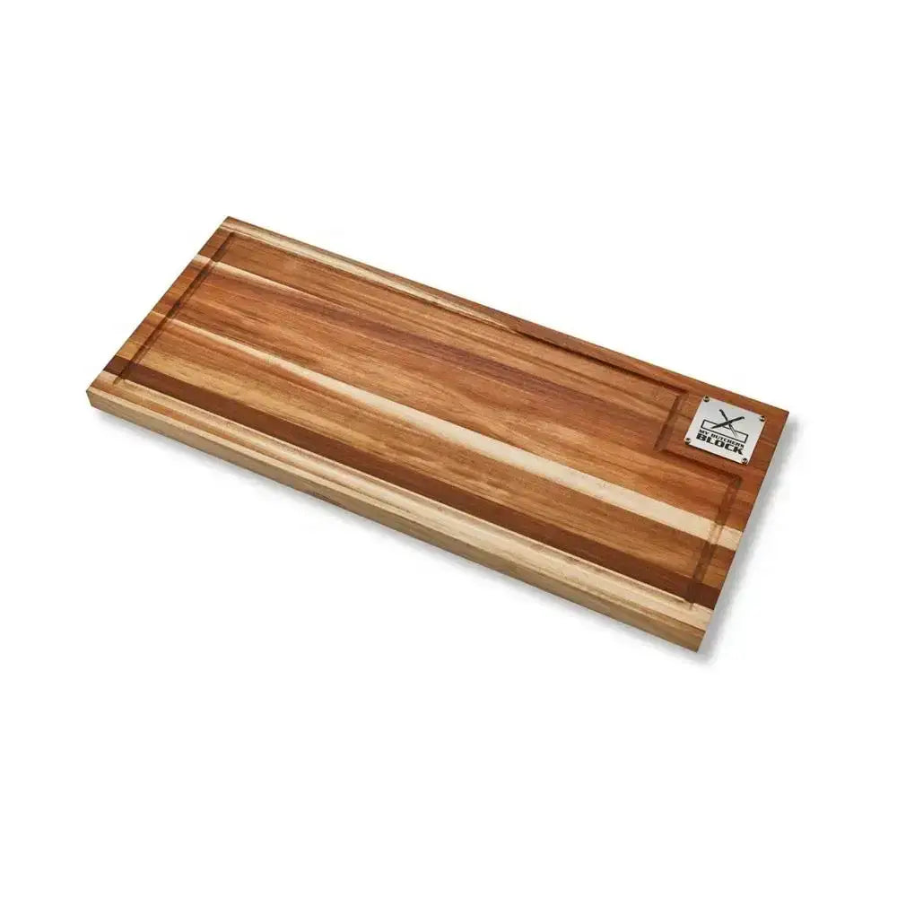 Wooden cutting board with a brand logo on a white background