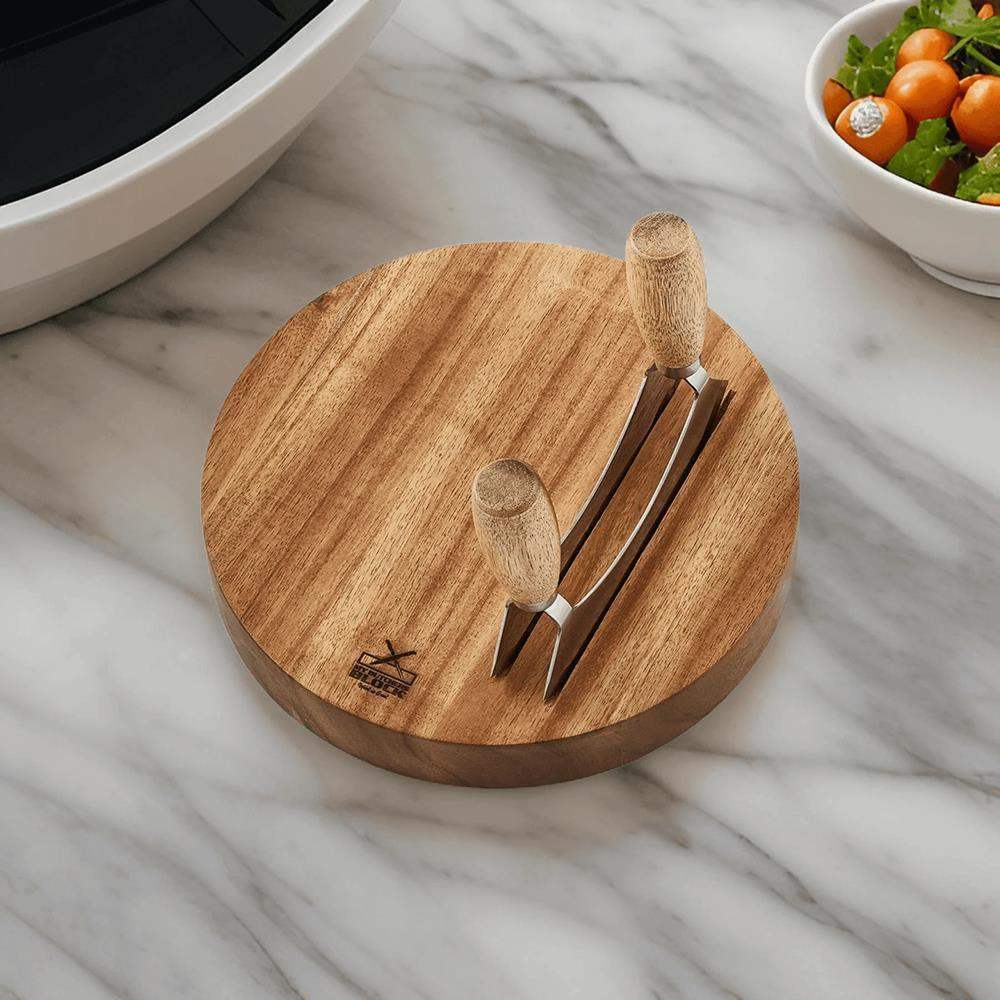 Wooden cheese board with two knives on a marble surface