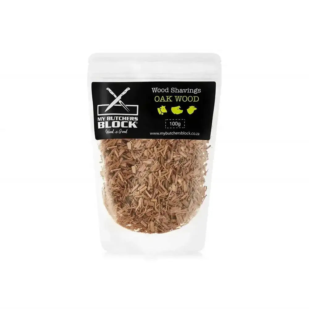 Bag of oak wood shavings with 'My Butcher's Block' branding on a white background