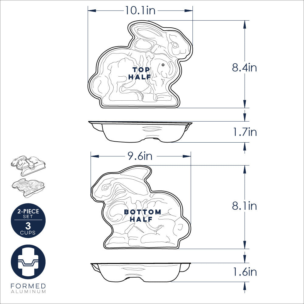 Measurement chart for a bunny-shaped cookie cutter set with dimensions and assembly instructions.