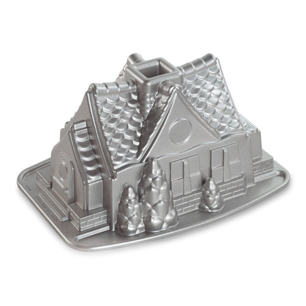 Gingerbread house bundt pan on a white background
