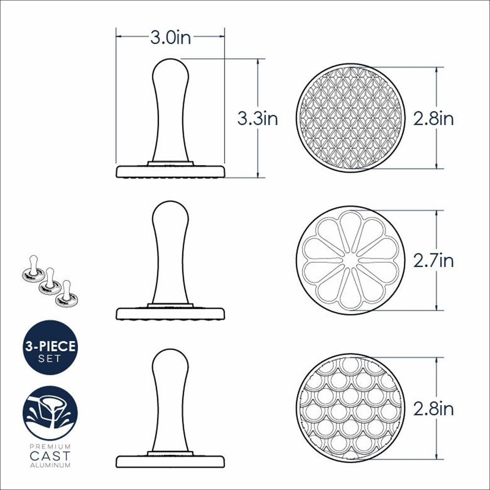 Technical drawing of a 3-piece stamp set with dimensions and features.