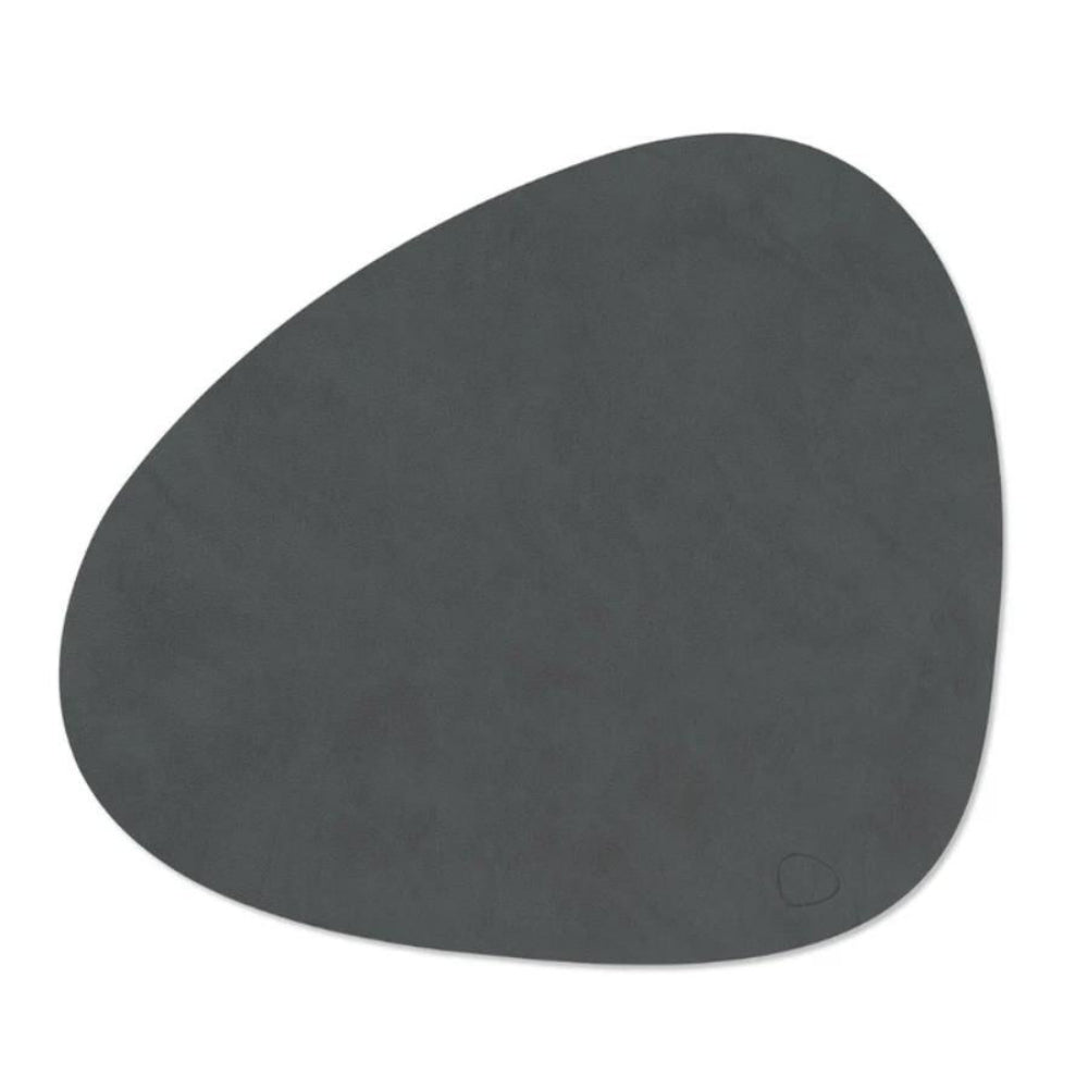 Black textured oval placemat on a white background