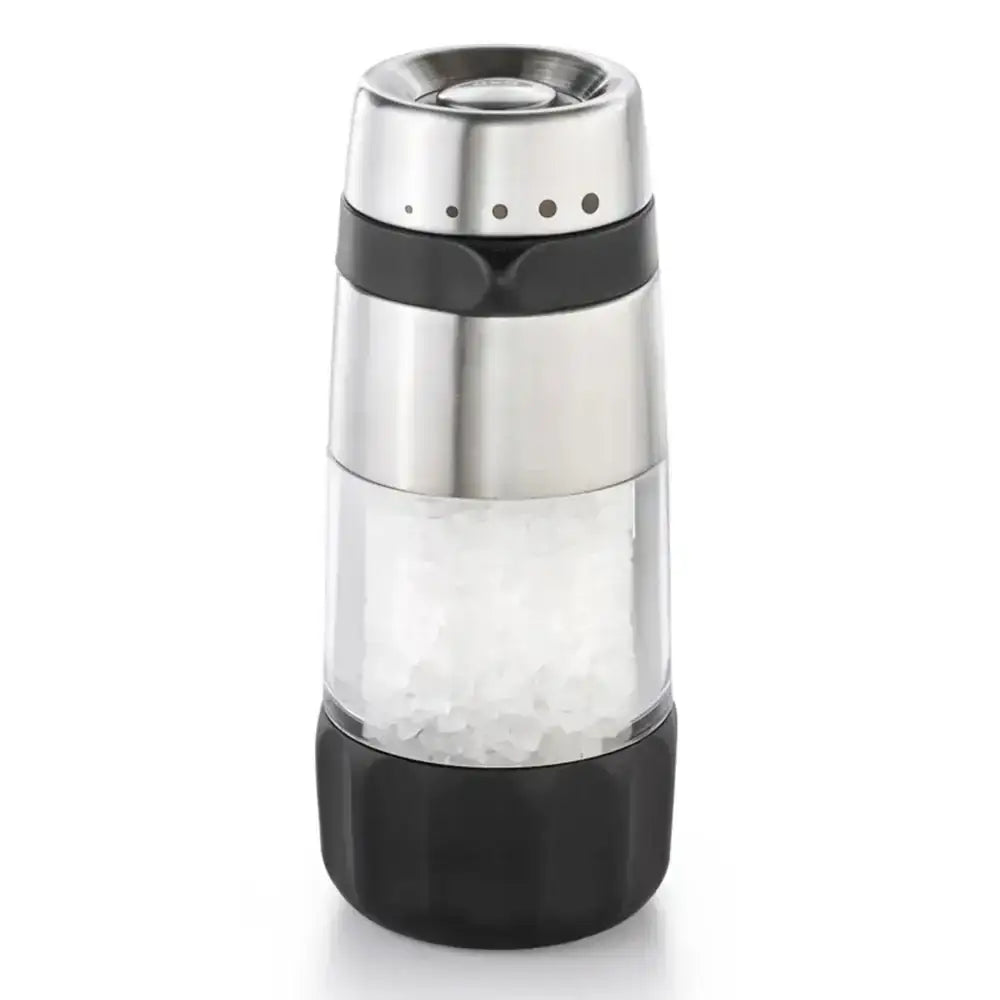 Black and silver salt grinder on a white background