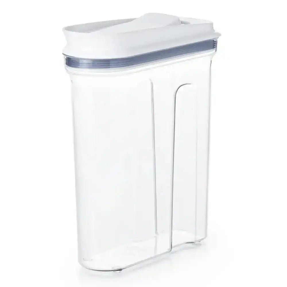 Clear storage container with a white lid on a white background