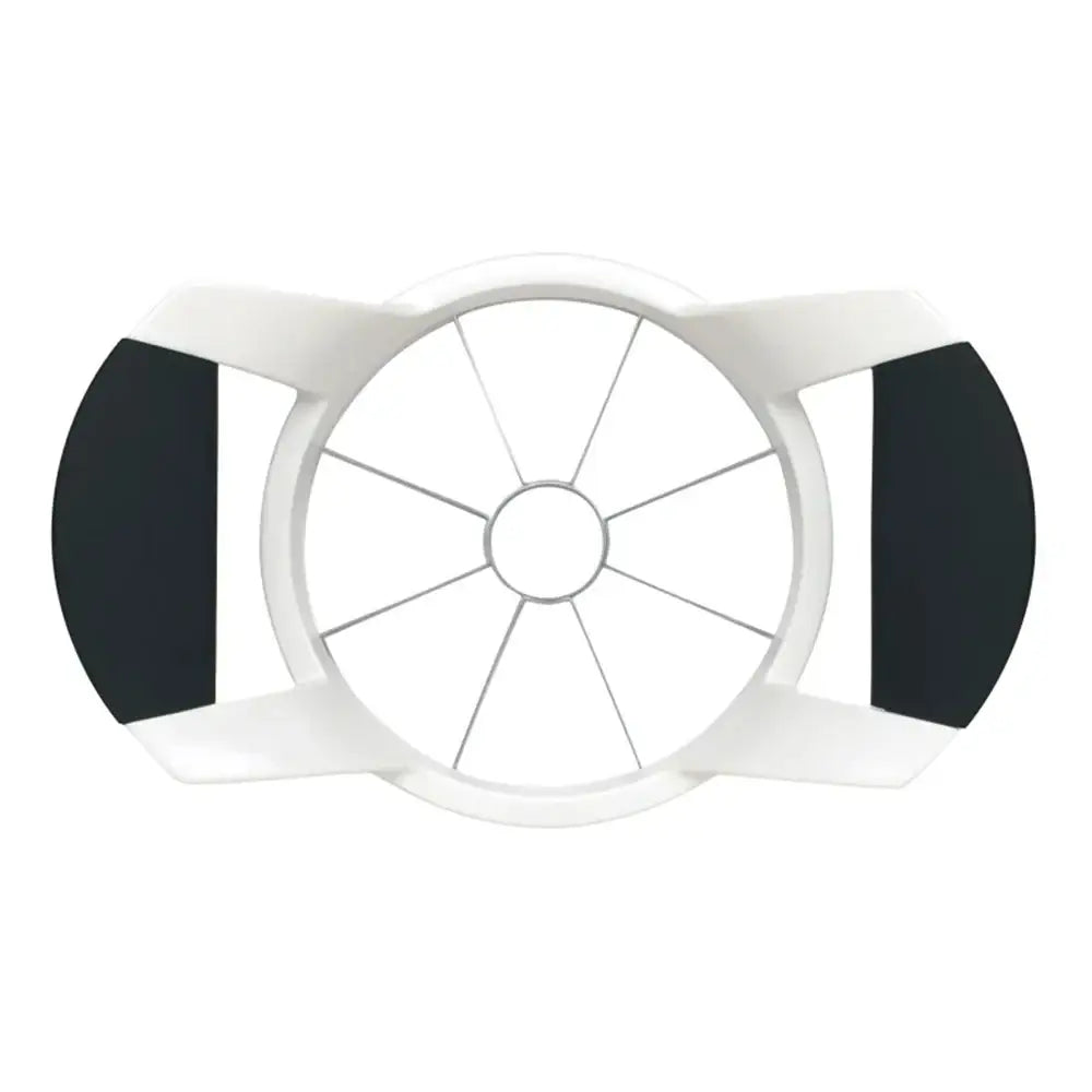 White apple peeler with black handles on a white background