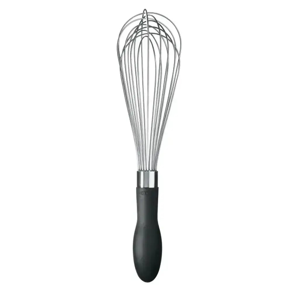 Metal whisk with black handle on a white background