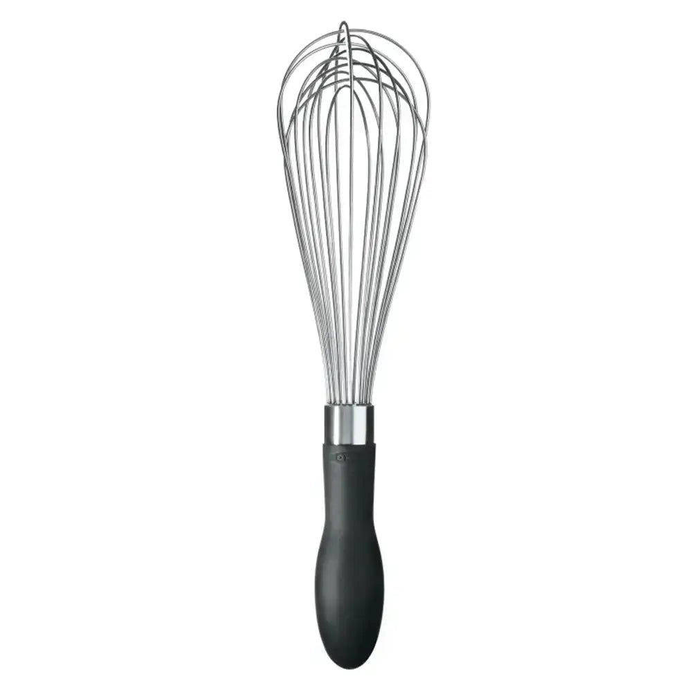 Metal whisk with black handle on a white background