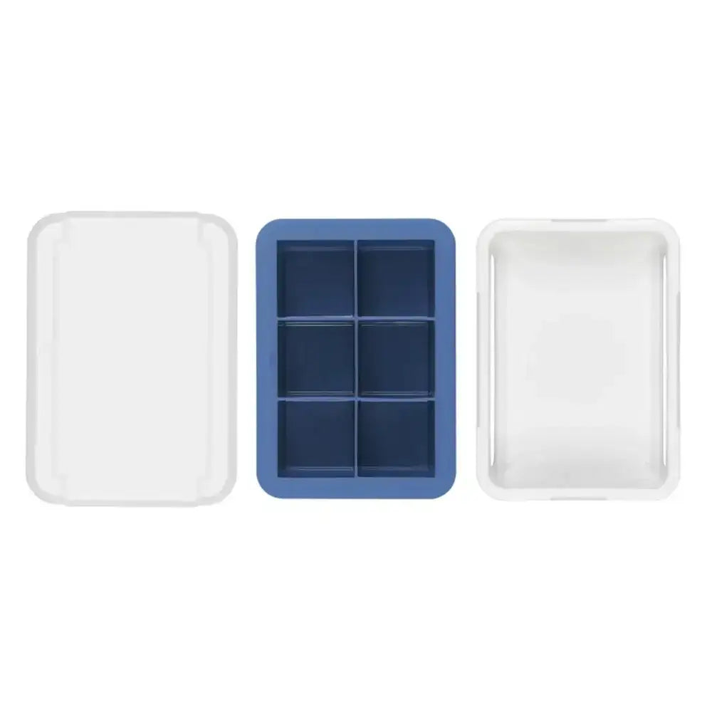 Blue silicone ice cube tray with white lids on a white background