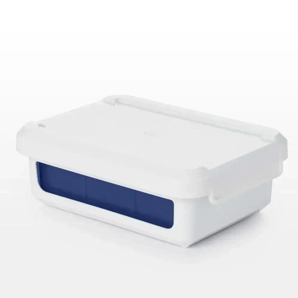 White rectangular container with a blue interior on a white background