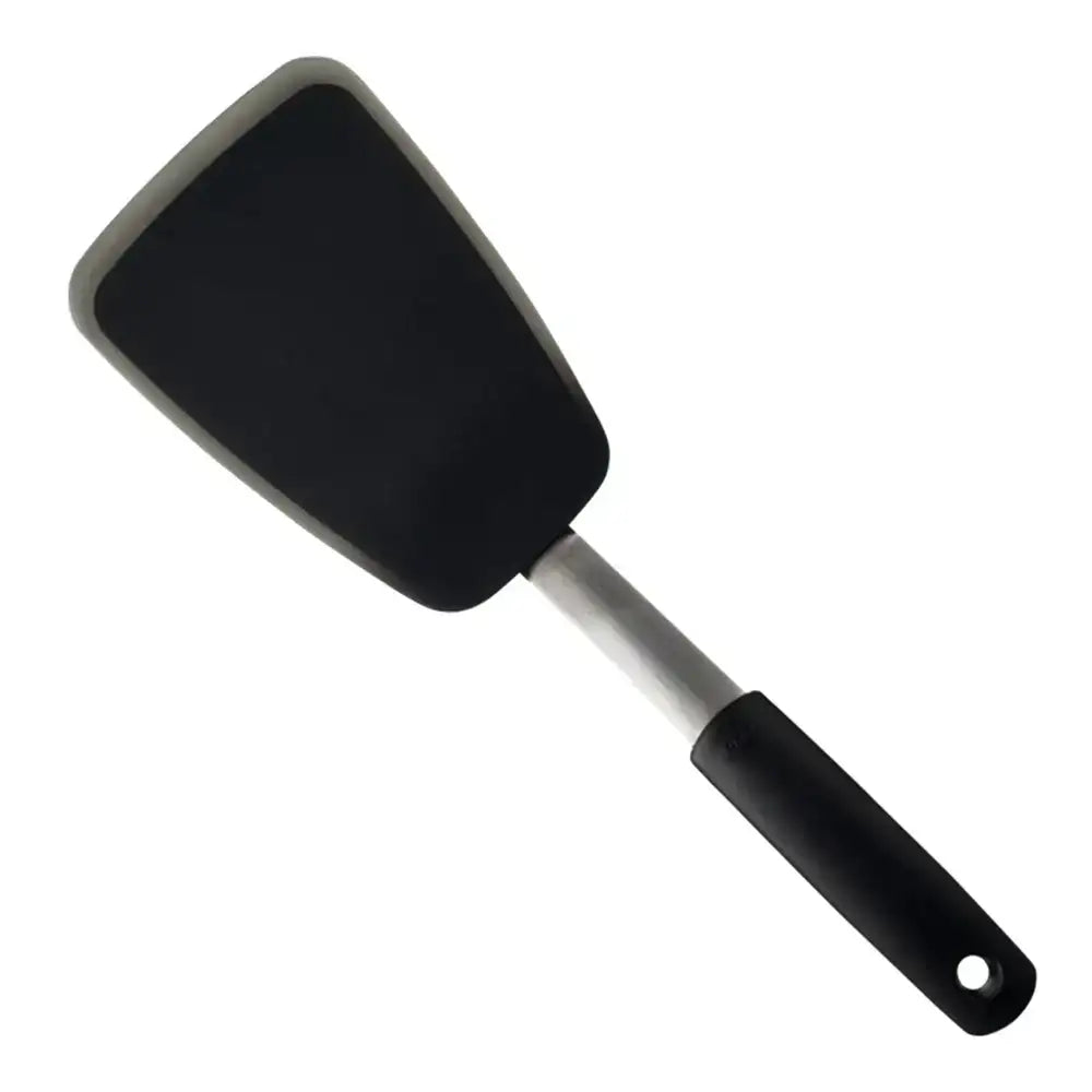 Black spatula with a gray handle on a white background