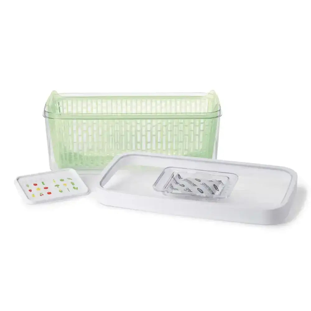 Green plastic basket with a white lid on a white background