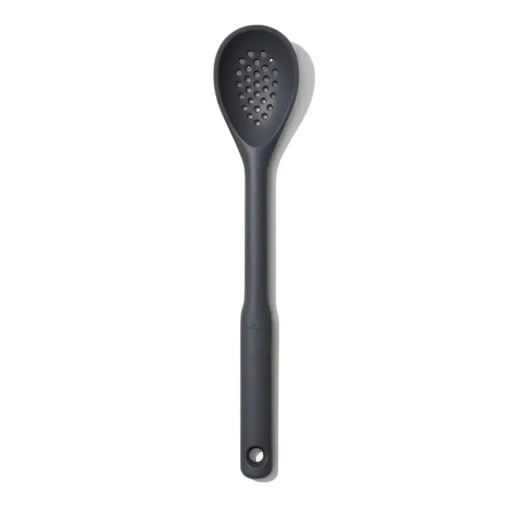 Black slotted spoon on a white background