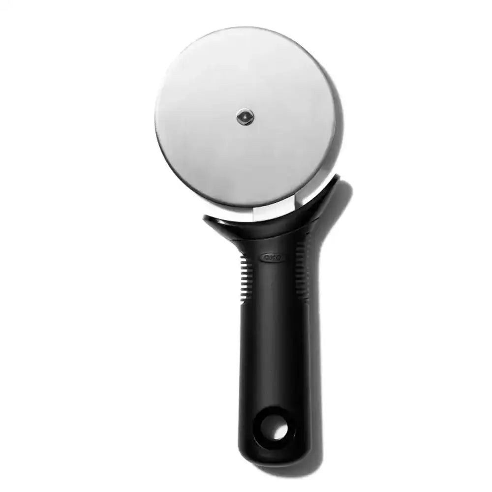 Pizza cutter with black handle and silver blade on a white background