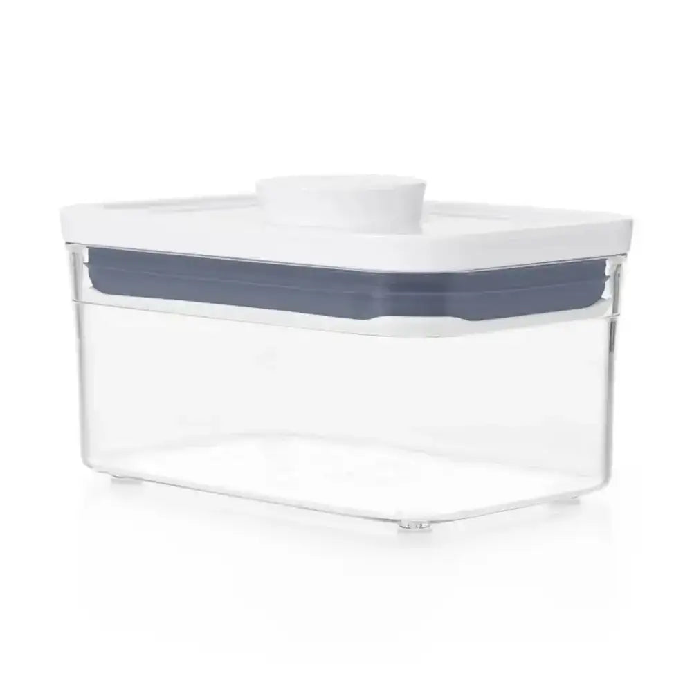 Clear storage container with a white lid on a white background
