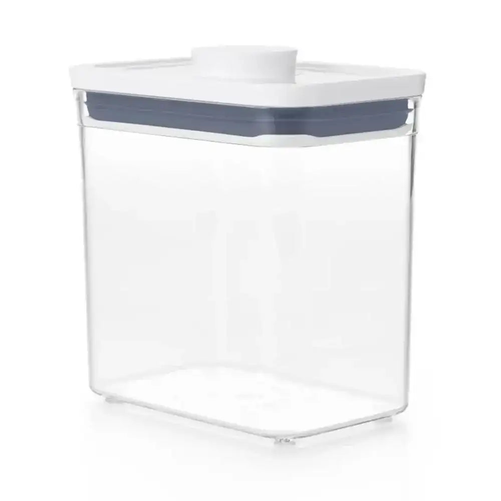 Clear storage container with a white lid on a white background