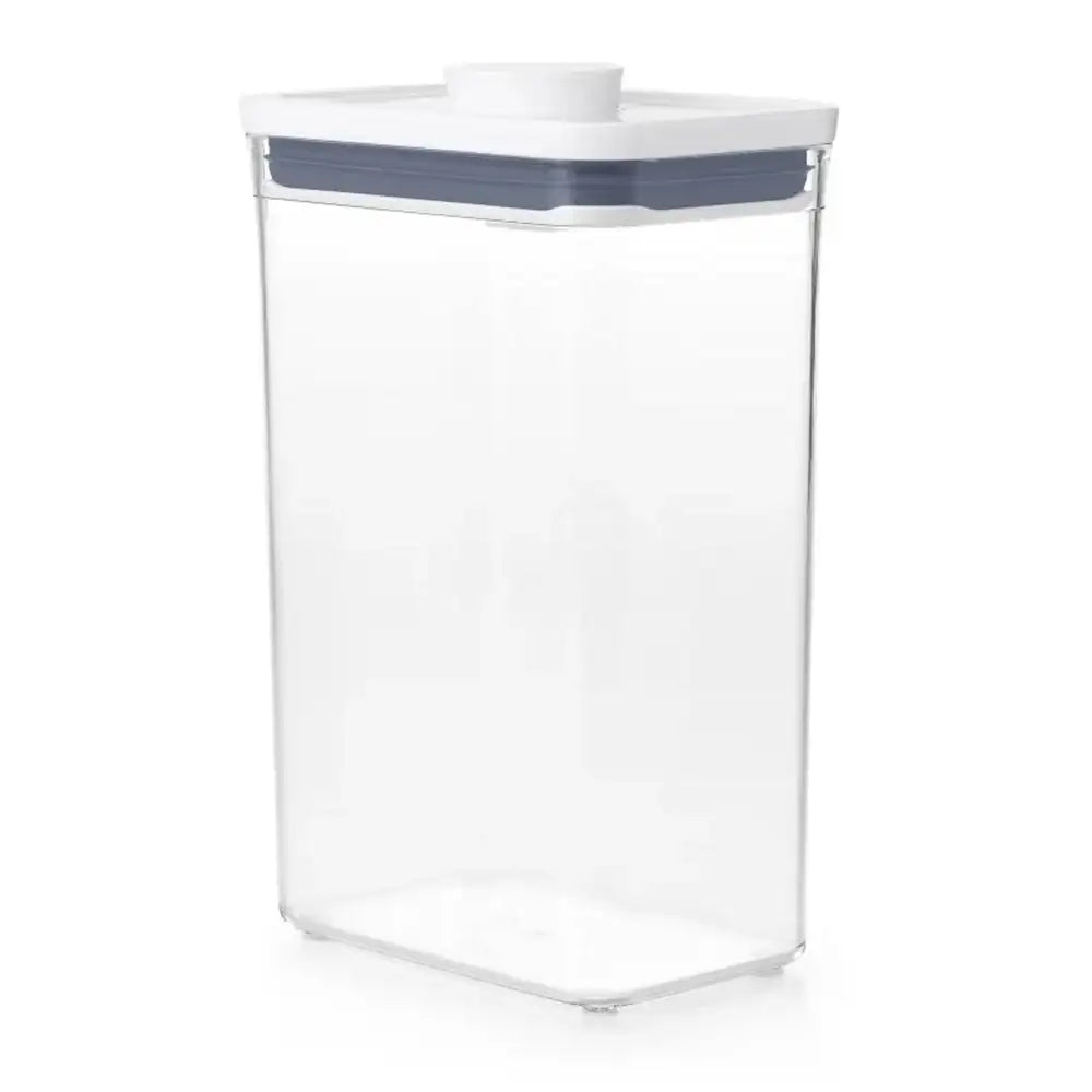 Clear storage container with a white lid on a white background