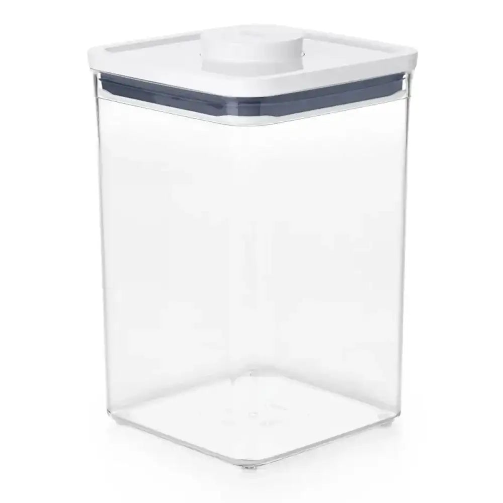 Clear storage container with a white lid on a white background
