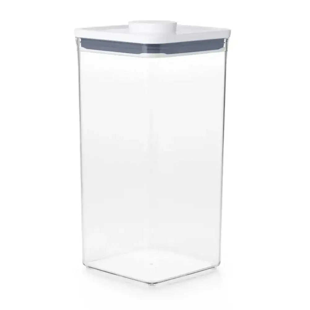 Clear storage container with a white lid on a white background