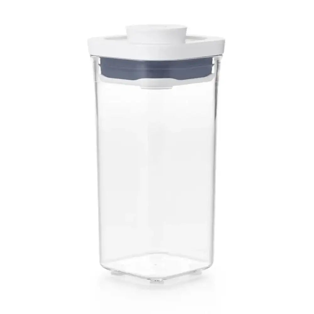 Clear storage container with a white lid and blue accent on a white background