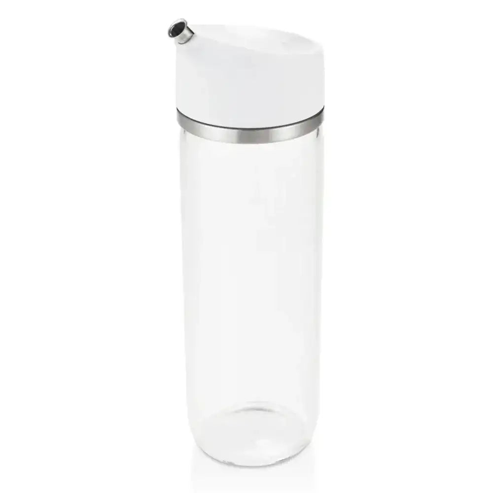 Clear glass container with a white lid and silver spout on a white background