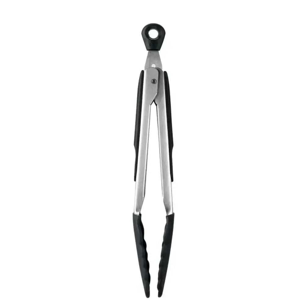 Tongs with black handles on a white background