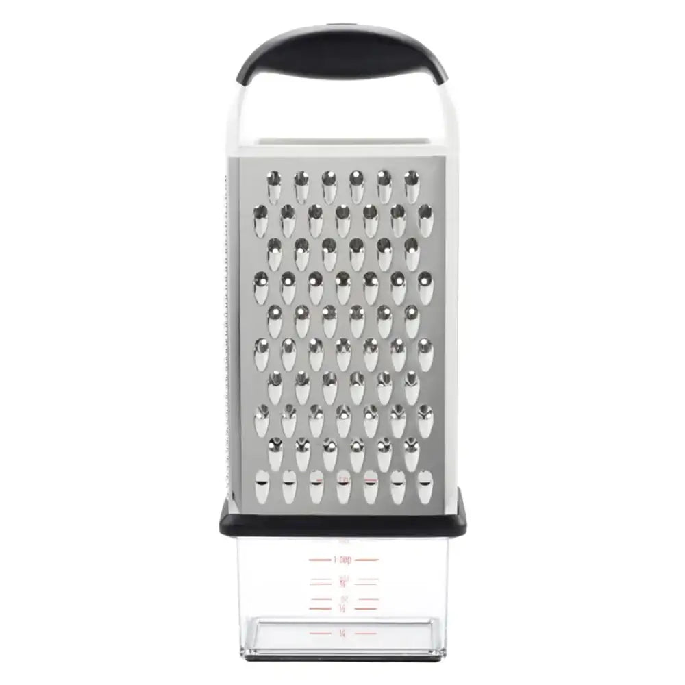 Box grater with metal surface and black handle on a white background