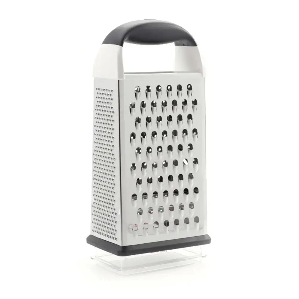 Box grater with a black handle on a white background
