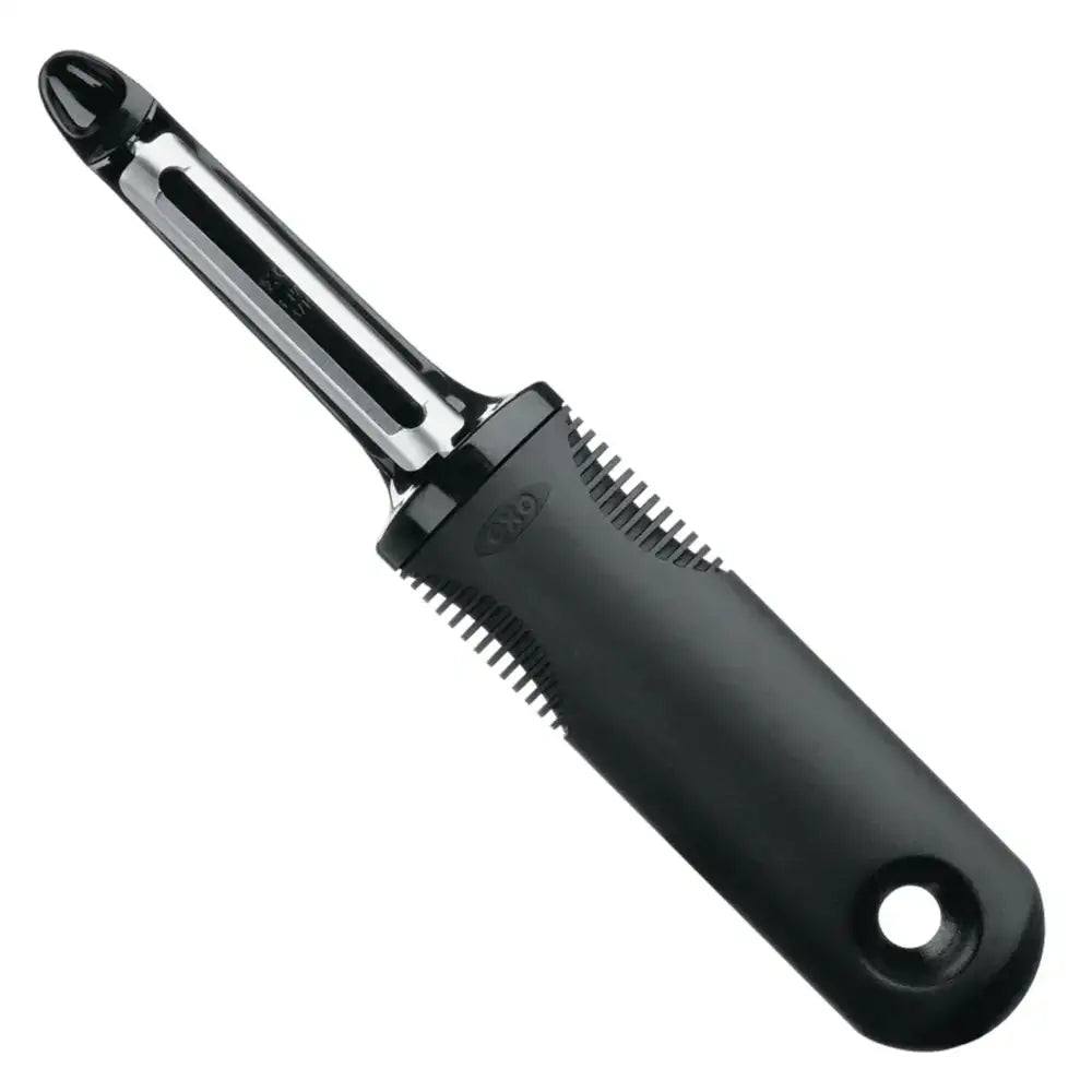 Black vegetable peeler with a metallic blade on a white background