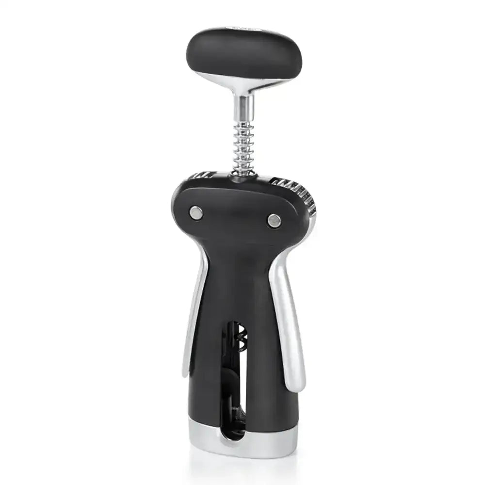 Black and silver corkscrew on a white background