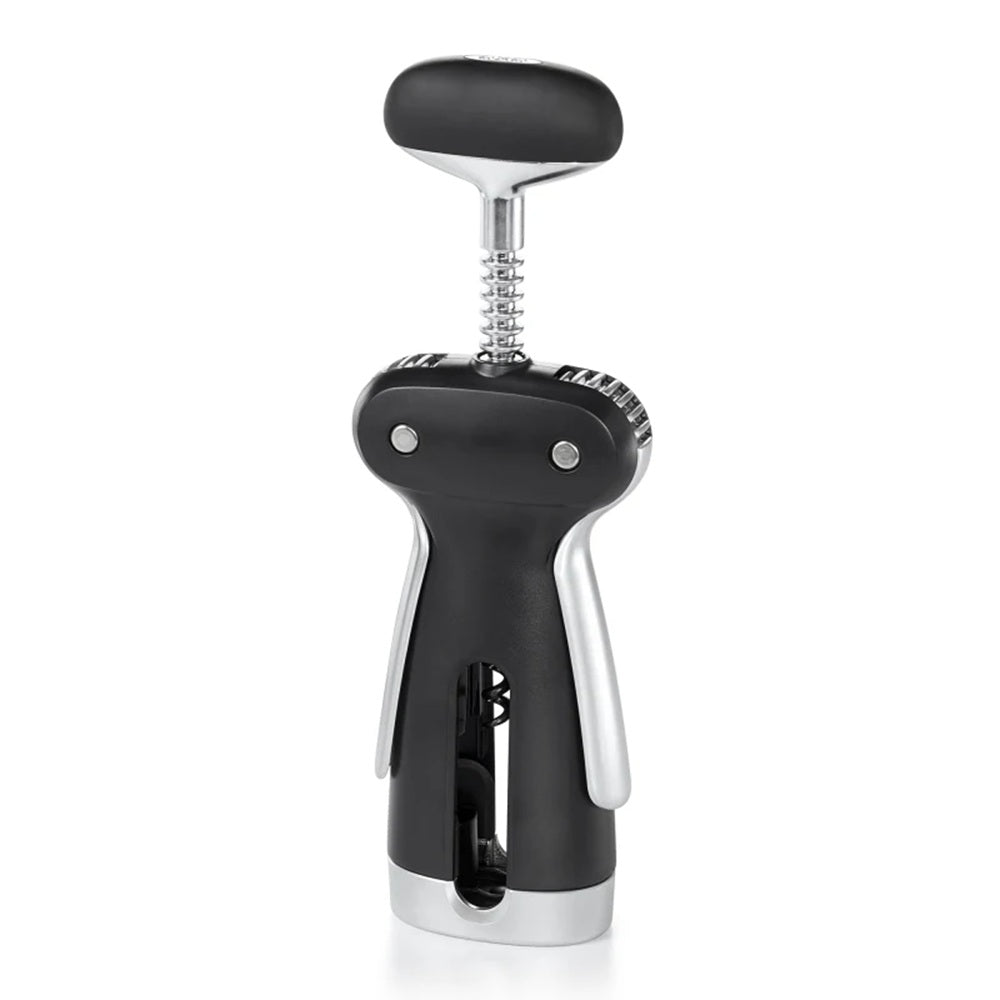 Black and silver corkscrew on a white background